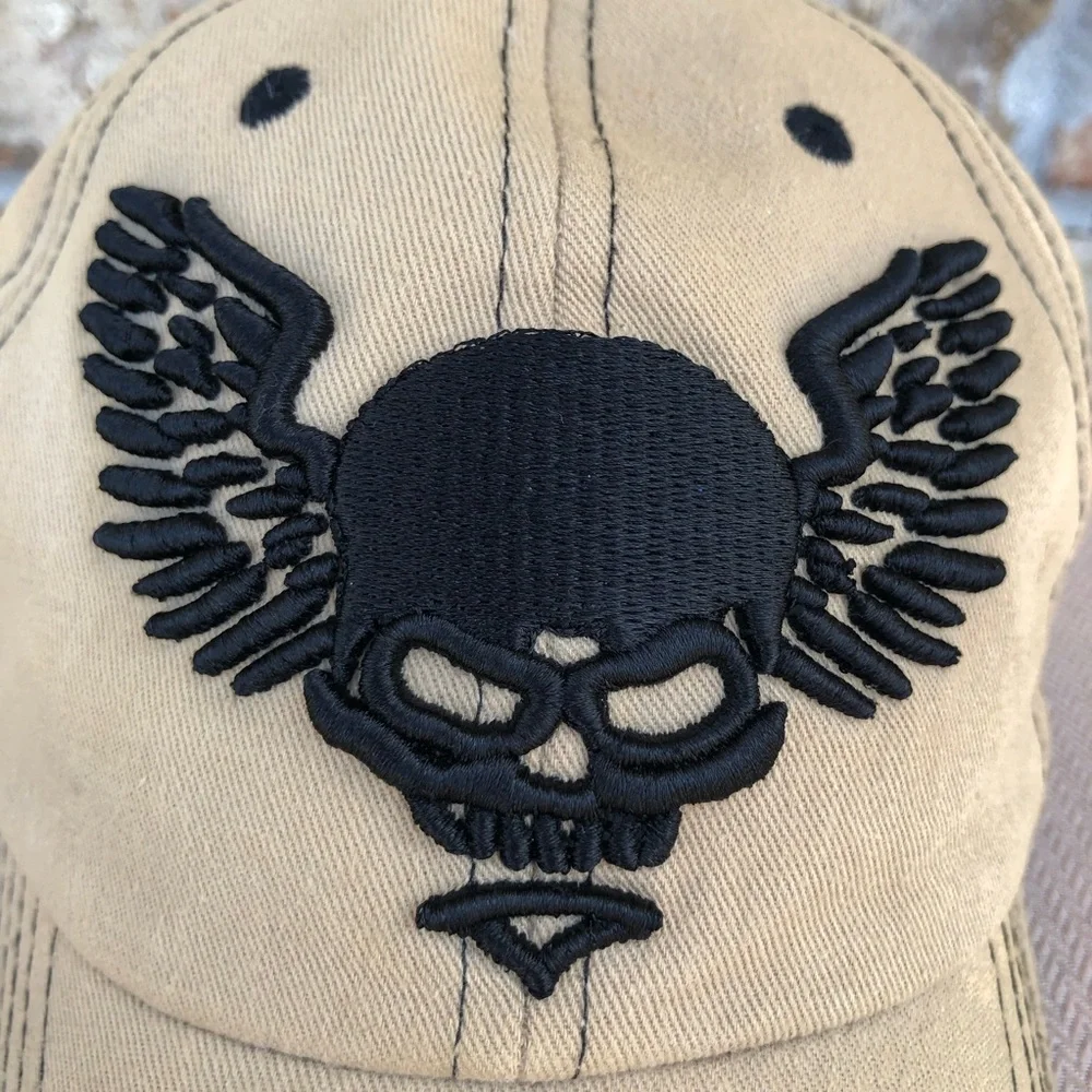 Aerial Tan Black Bold‎ Skull With Wings Adjustable Baseball Hat Cap_4